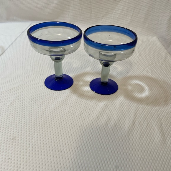 Hand blown Mexican Margarita Glasses with blue rim and base and clear bowl. - Picture 2 of 4
